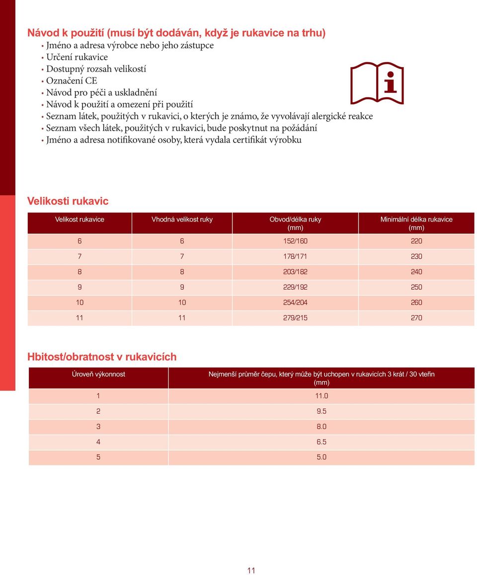 adresa notifikované osoby, která vydala certifikát výrobku Velikosti rukavic Velikost rukavice Vhodná velikost ruky Obvod/délka ruky (mm) Minimální délka rukavice (mm) 6 6 152/160 220 7 7 178/171 230