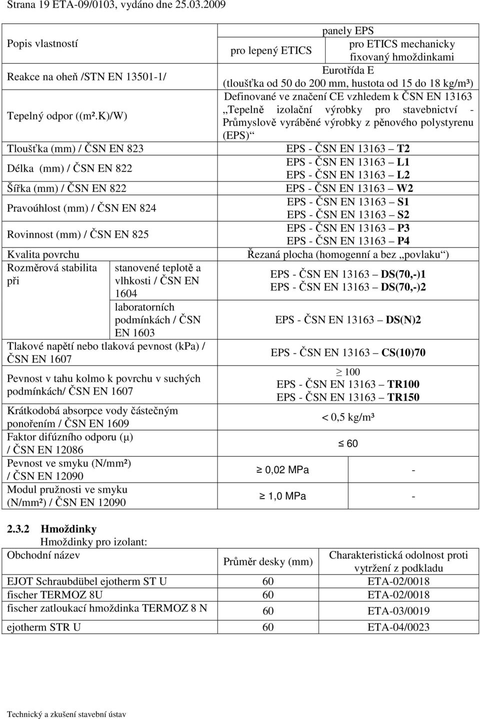 vlhkosti / ČSN EN 1604 laboratorních podmínkách / ČSN EN 1603 Tlakové napětí nebo tlaková pevnost (kpa) / ČSN EN 1607 Pevnost v tahu kolmo k povrchu v suchých podmínkách/ ČSN EN 1607 Krátkodobá