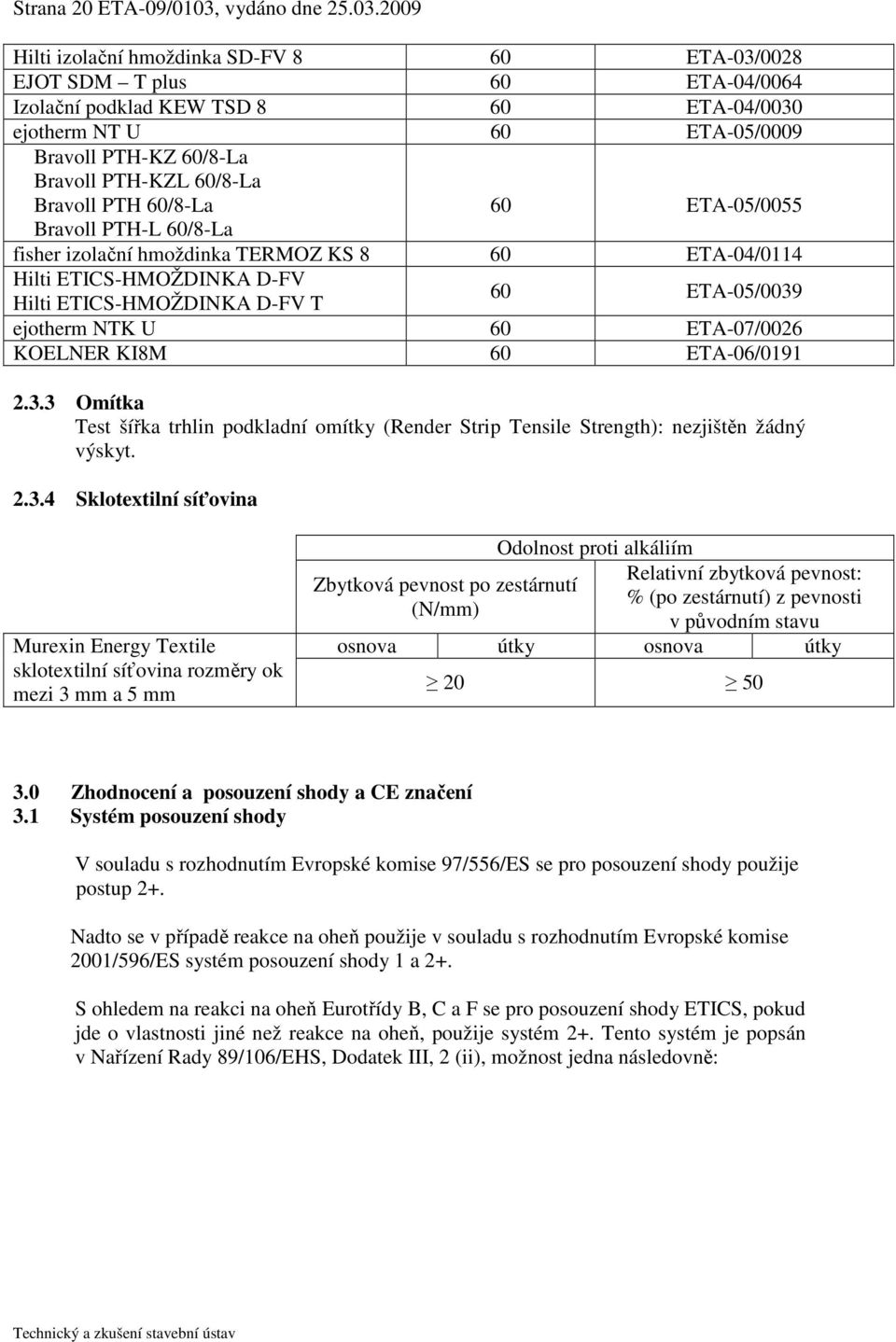 2009 Hilti izolační hmoždinka SD-FV 8 60 ETA-03/0028 EJOT SDM T plus 60 ETA-04/0064 Izolační podklad KEW TSD 8 60 ETA-04/0030 ejotherm NT U 60 ETA-05/0009 Bravoll PTH-KZ 60/8-La Bravoll PTH-KZL