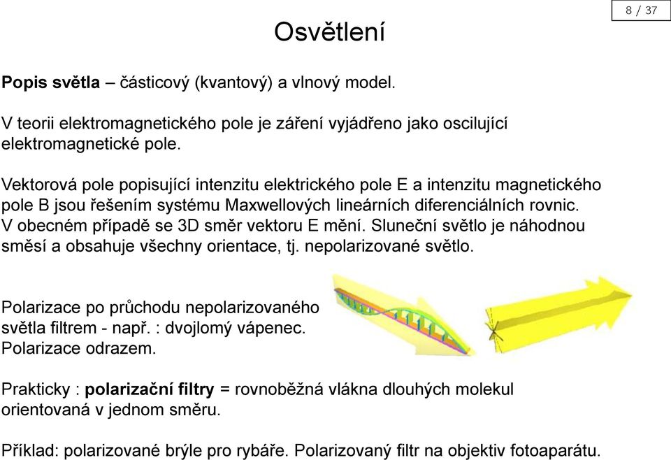 V obecném případě se 3D směr vektoru E mění. Sluneční světlo je náhodnou směsí a obsahuje všechny orientace, tj. nepolarizované světlo.