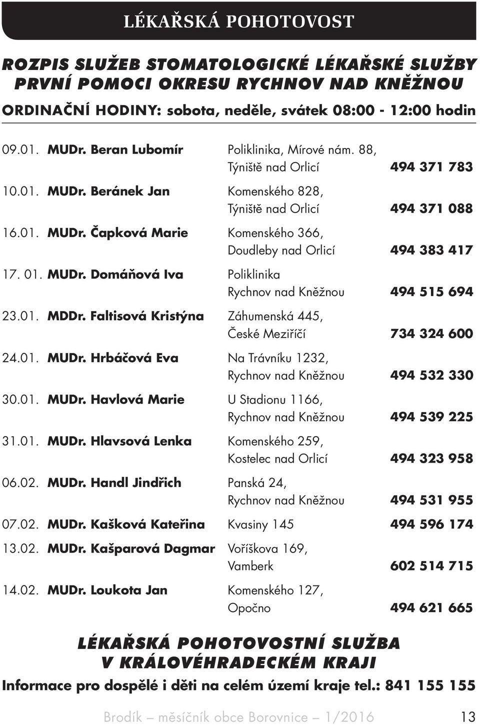 01. MUDr. Domáňová Iva Poliklinika Rychnov nad Kněžnou 494 515 694 23.01. MDDr. Faltisová Kristýna Záhumenská 445, České Meziříčí 734 324 600 24.01. MUDr. Hrbáčová Eva Na Trávníku 1232, Rychnov nad Kněžnou 494 532 330 30.