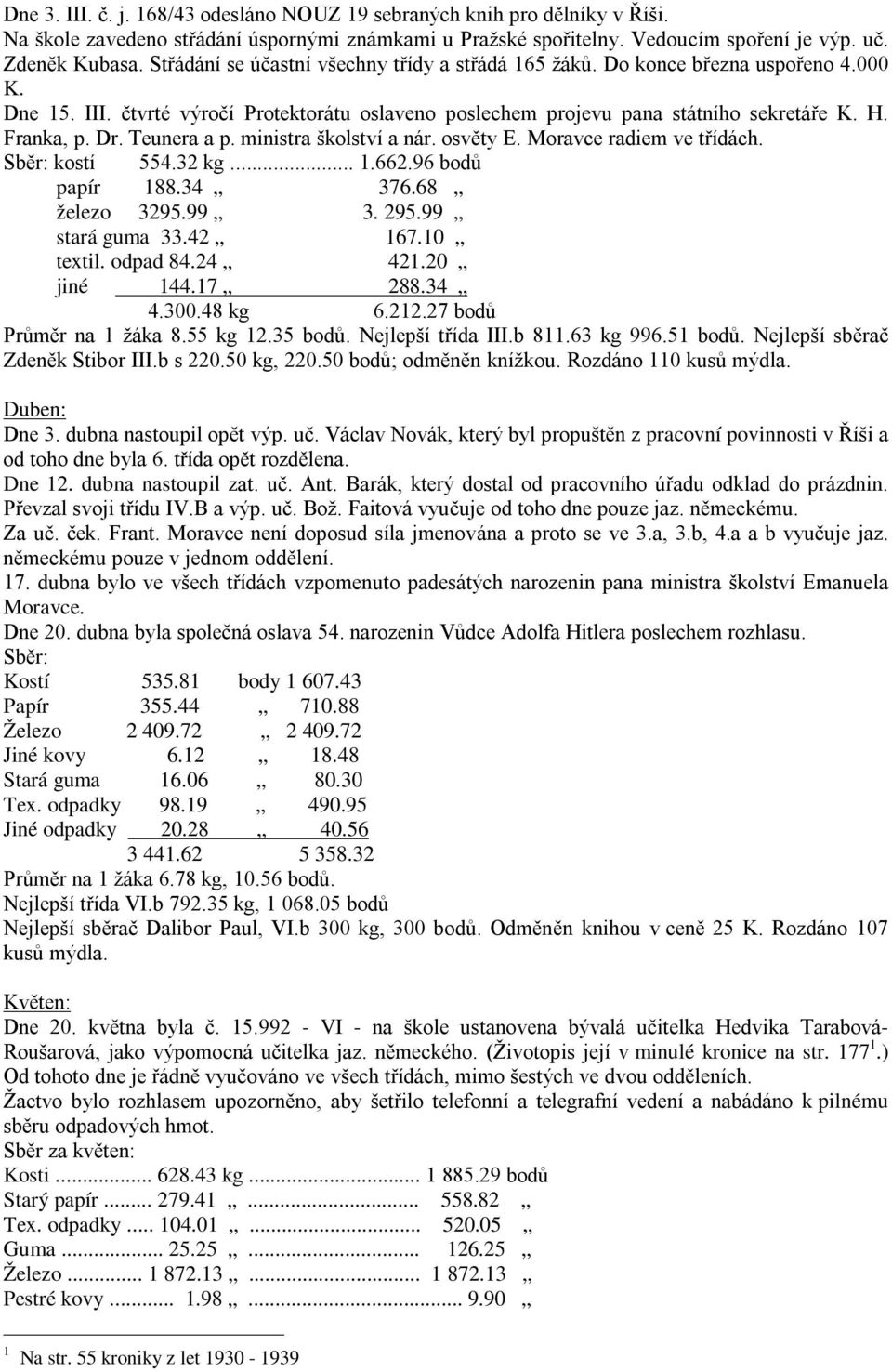 Teunera a p. ministra školství a nár. osvěty E. Moravce radiem ve třídách. Sběr: kostí 554.32 kg... 1.662.96 bodů papír 188.34 376.68 železo 3295.99 3. 295.99 stará guma 33.42 167.10 textil. odpad 84.