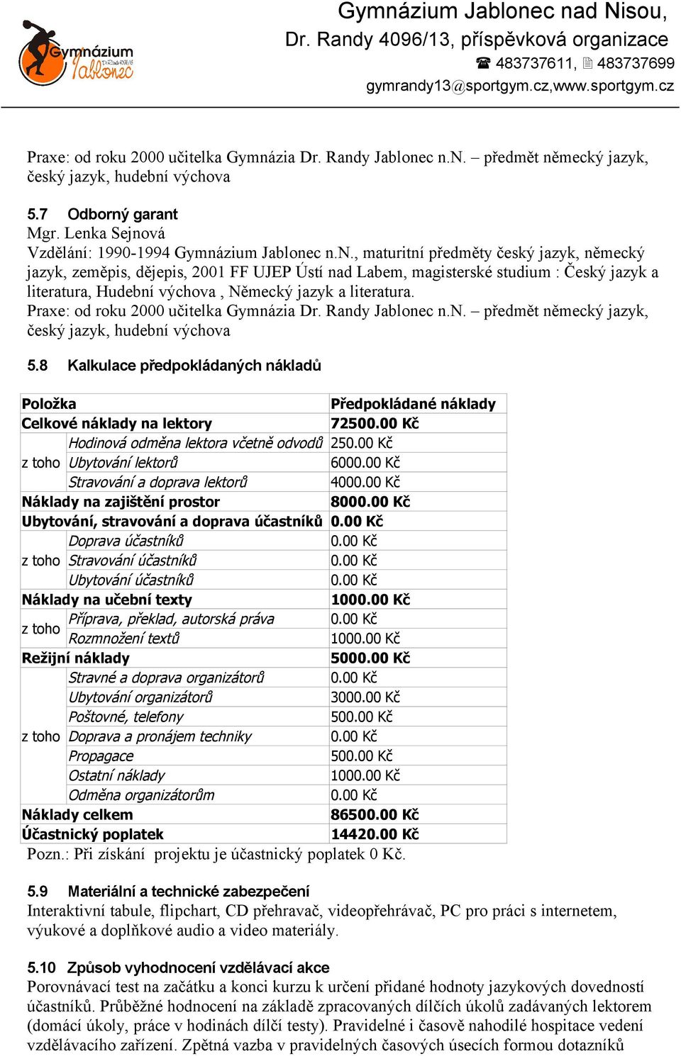 zia Dr. Randy Jablonec n.n. předmět německý jazyk, český jazyk, hudební výchova 5.