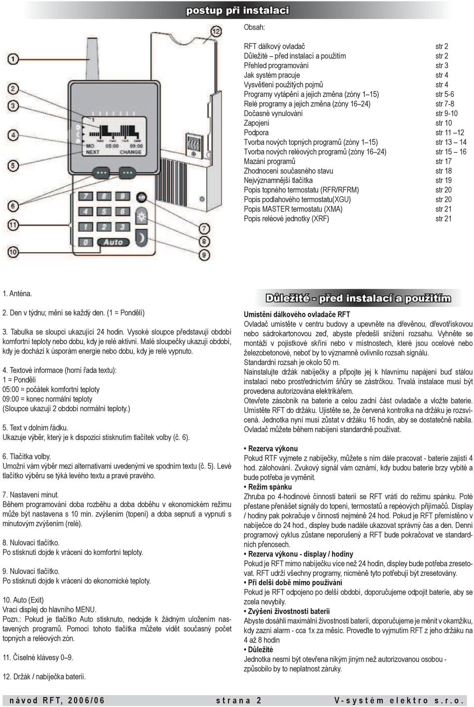 Tvorba nových reléových programů (zóny 16 24) str 15 16 Mazání programů str 17 Zhodnocení současného stavu str 18 Nejvýznamnější tlačítka str 19 Popis topného termostatu (RFR/RFRM) str 20 Popis