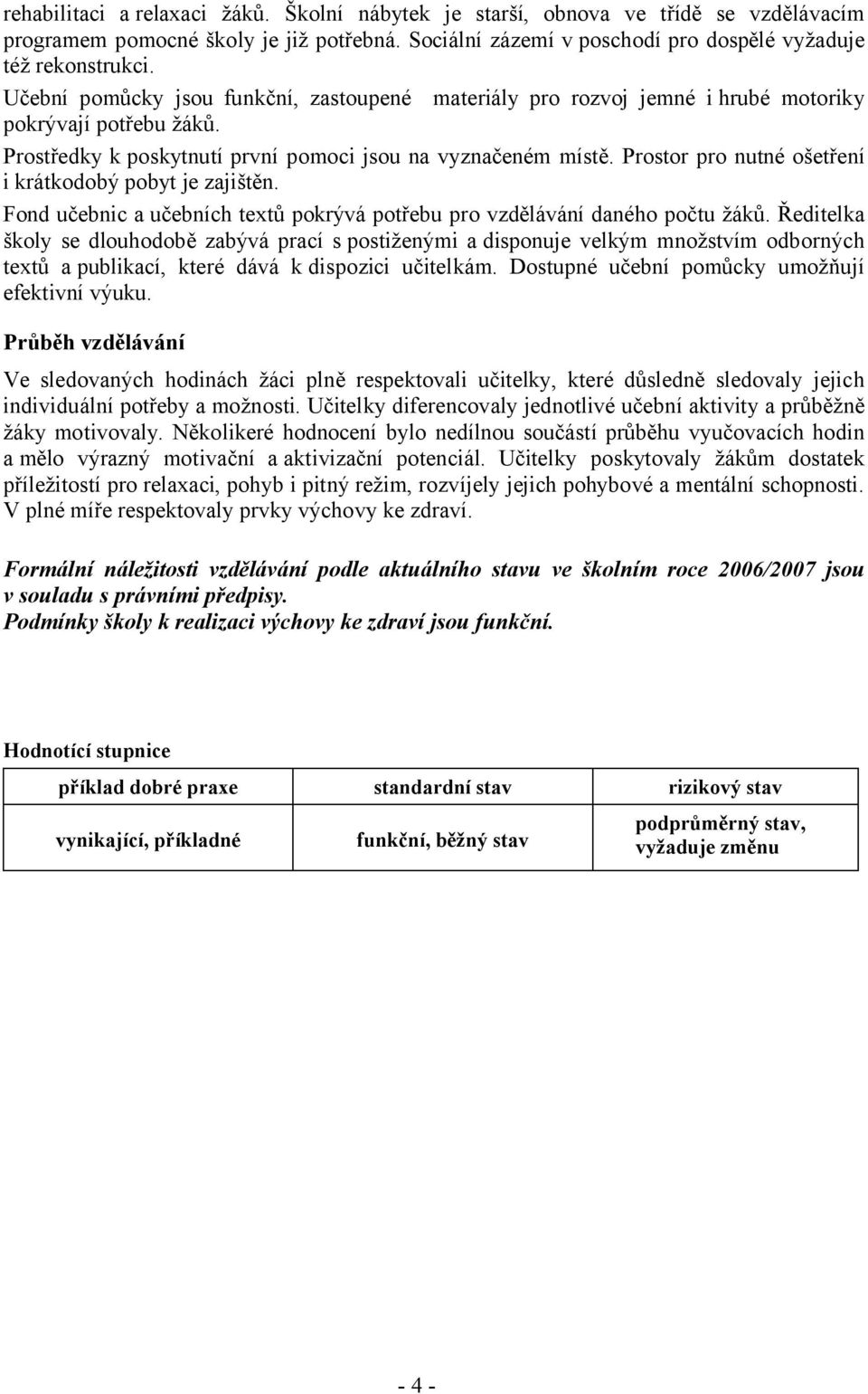 Prostor pro nutné ošetření i krátkodobý pobyt je zajištěn. Fond učebnic a učebních textů pokrývá potřebu pro vzdělávání daného počtu žáků.