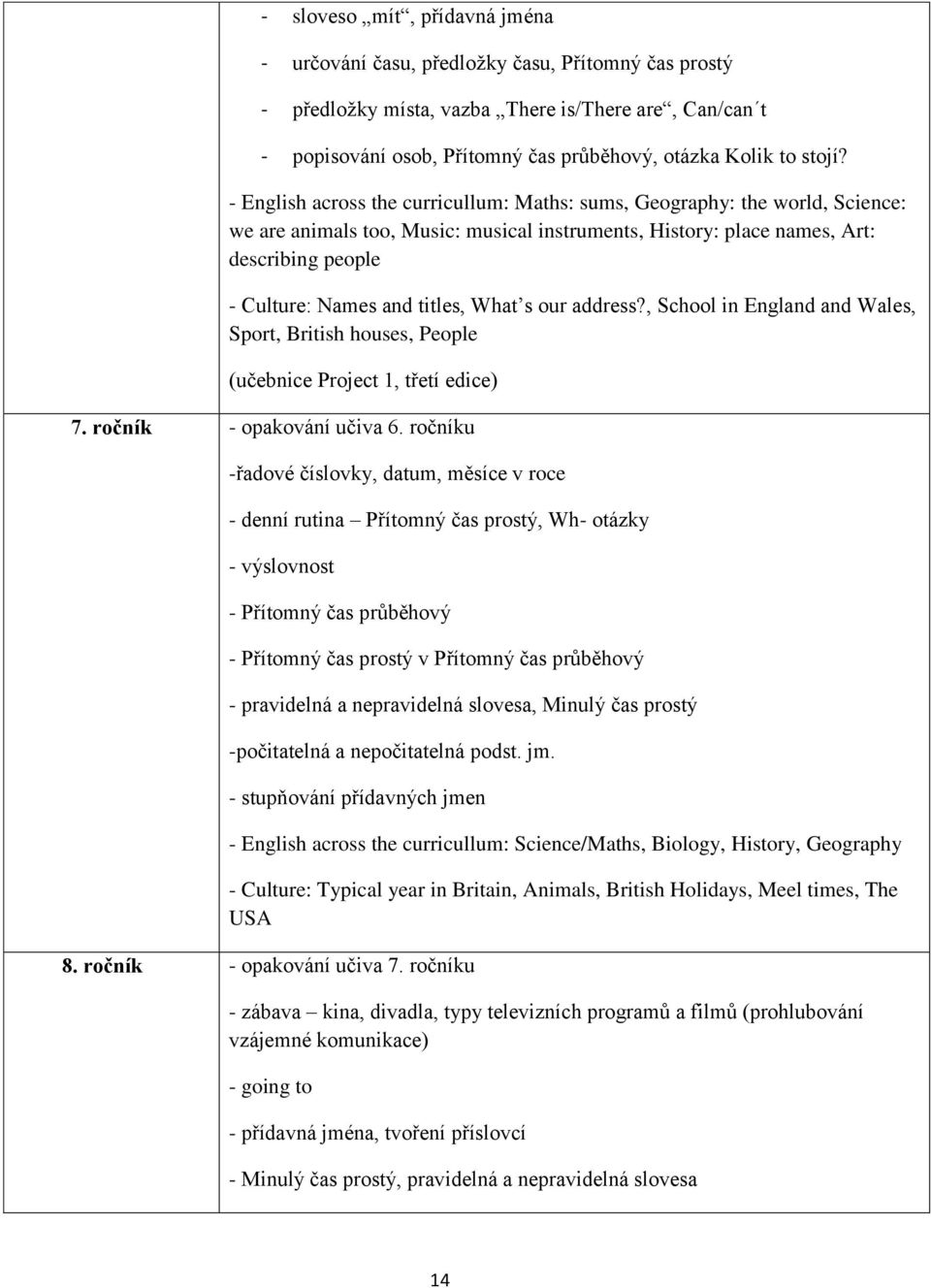 - English across the curricullum: Maths: sums, Geography: the world, Science: we are animals too, Music: musical instruments, History: place names, Art: describing people - Culture: Names and titles,