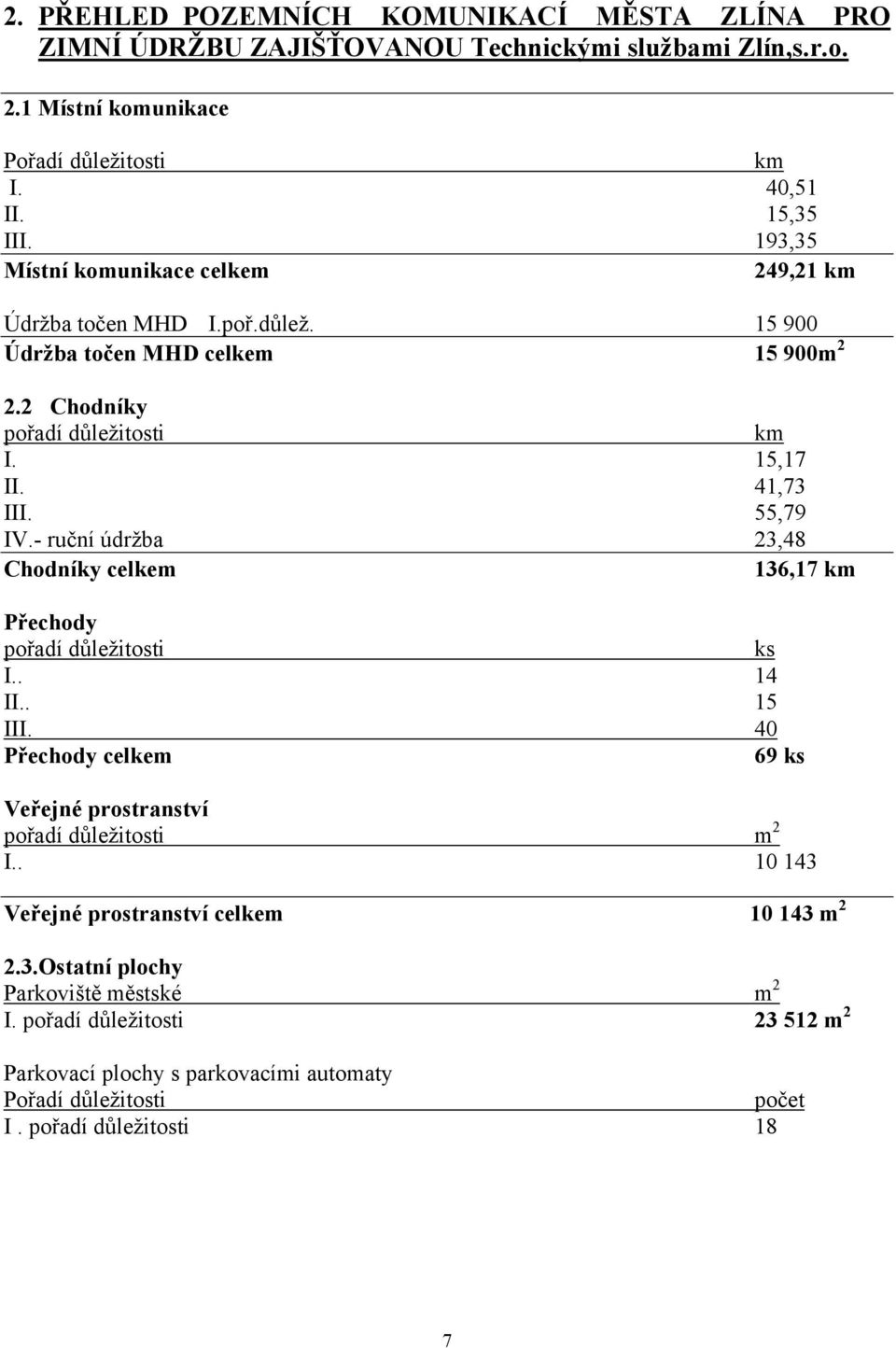 - ruční údržba 23,48 Chodníky celkem 136,17 km Přechody pořadí důležitosti ks I.. 14 II.. 15 III. 40 Přechody celkem 69 ks Veřejné prostranství pořadí důležitosti m 2 I.