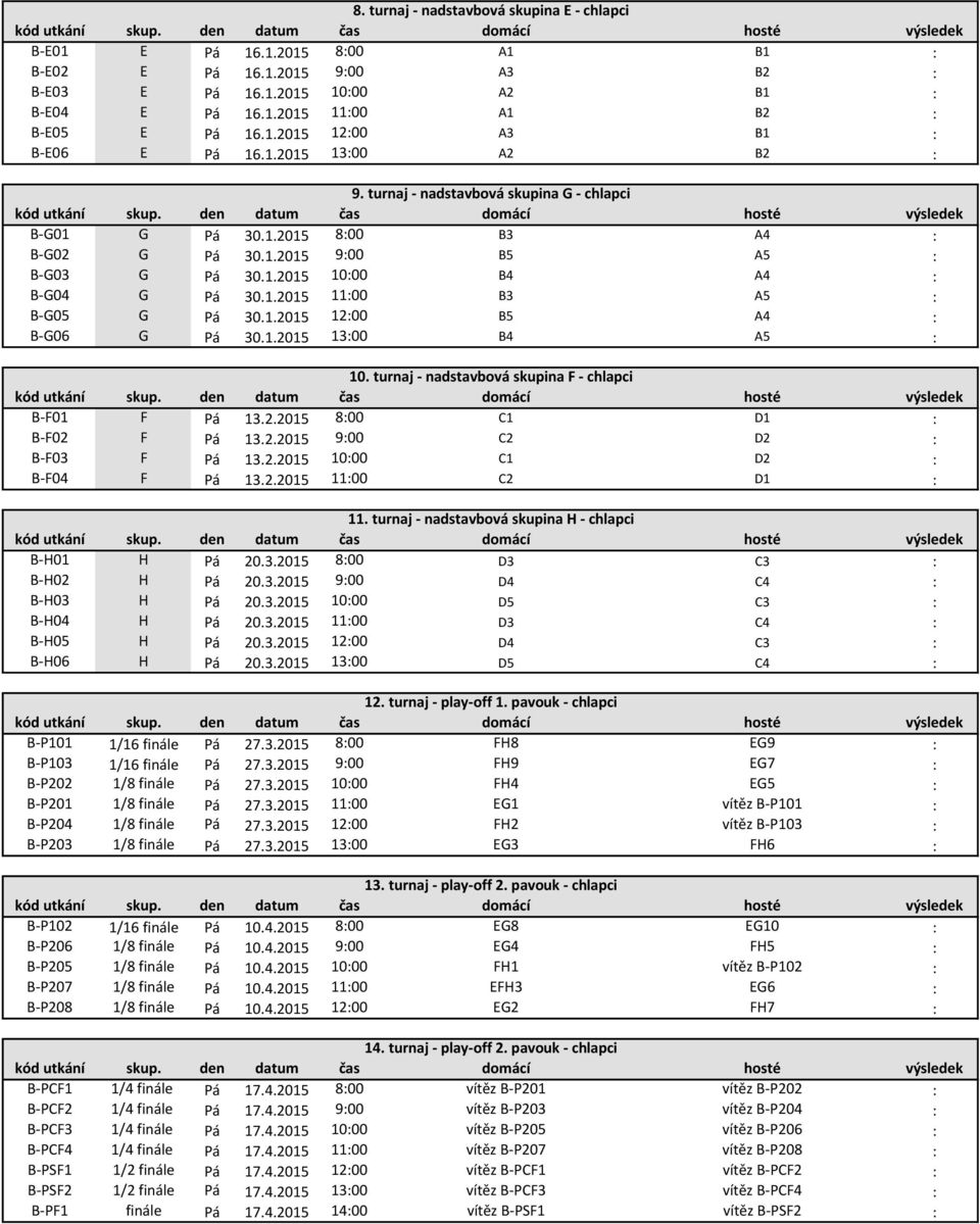 1.2015 12:00 B5 A4 : B-G06 G Pá 30.1.2015 13:00 B4 A5 : 10. turnaj - nadstavbová skupina F - chlapci B-F01 F Pá 13.2.2015 8:00 C1 D1 : B-F02 F Pá 13.2.2015 9:00 C2 D2 : B-F03 F Pá 13.2.2015 10:00 C1 D2 : B-F04 F Pá 13.