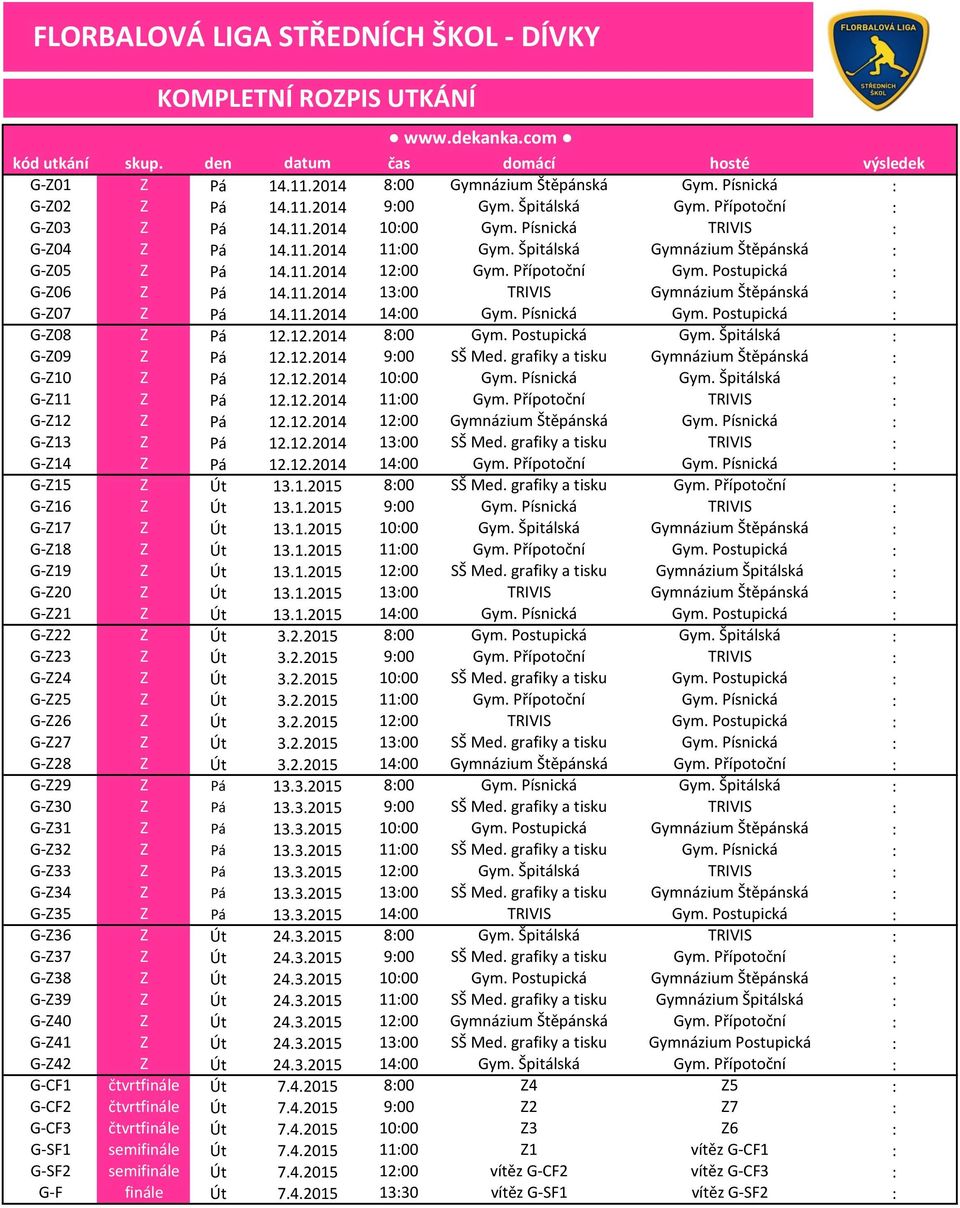 Postupická : G-Z06 Z Pá 14.11.2014 13:00 TRIVIS Gymnázium Štěpánská : G-Z07 Z Pá 14.11.2014 14:00 Gym. Písnická Gym. Postupická : G-Z08 Z Pá 12.12.2014 8:00 Gym. Postupická Gym.