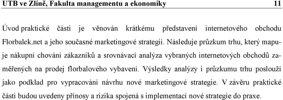 Následuje průzkum trhu, který mapuje nákupní chování zákazníků a srovnávací analýza vybraných internetových obchodů zaměřených na prodej