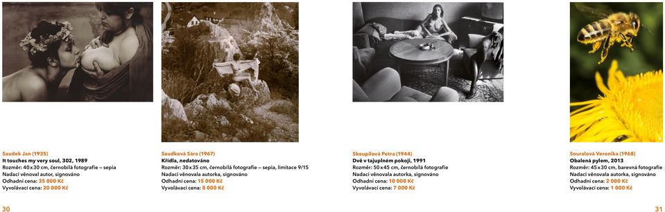 cena: 8 000 Kč Skoupilová Petra (1944) Dvě v tajuplném pokoji, 1991 Rozměr: 50 x 45 cm, černobílá fotografie Odhadní cena: 10 000 Kč Vyvolávací