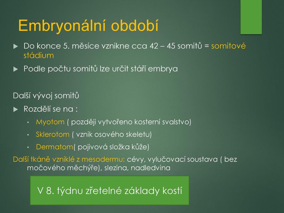 vývoj somitů Rozdělí se na : Myotom ( později vytvořeno kosterní svalstvo) Sklerotom ( vznik osového