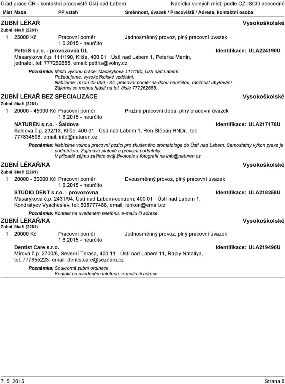 Zájemci se mohou hlásit na tel. čísle 777262685. ZUBNÍ LÉKAŘ BEZ SPECIALIZACE Zubní lékaři (226) 20000-45000 Kč Pracovní poměr NATUREN s.r.o. - Šaldova Identifikace: ULA2778U Šaldova č.p. 232/3, Klíše, 400 0 Ústí nad Labem, Ren Štěpán RNDr.