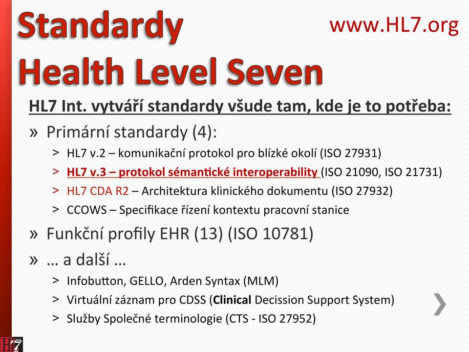 3 protokol sémanocké interoperability (ISO 21090, ISO 21731) HL7 CDA R2 Architektura klinického dokumentu (ISO 27932) CCOWS