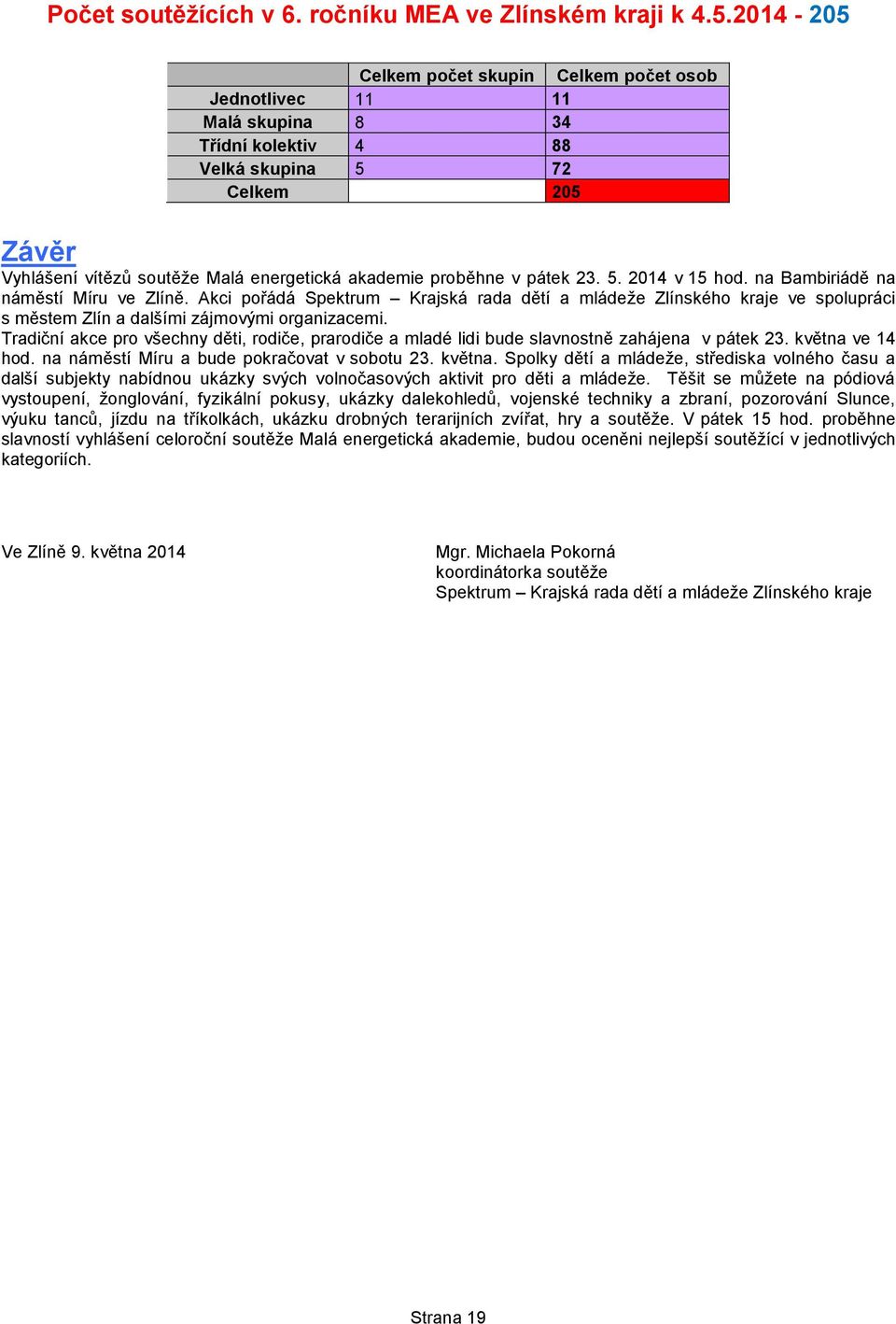 v pátek 23. 5. 2014 v 15 hod. na Bambiriádě na náměstí Míru ve Zlíně. Akci pořádá Spektrum Krajská rada dětí a mládeže Zlínského kraje ve spolupráci s městem Zlín a dalšími zájmovými organizacemi.