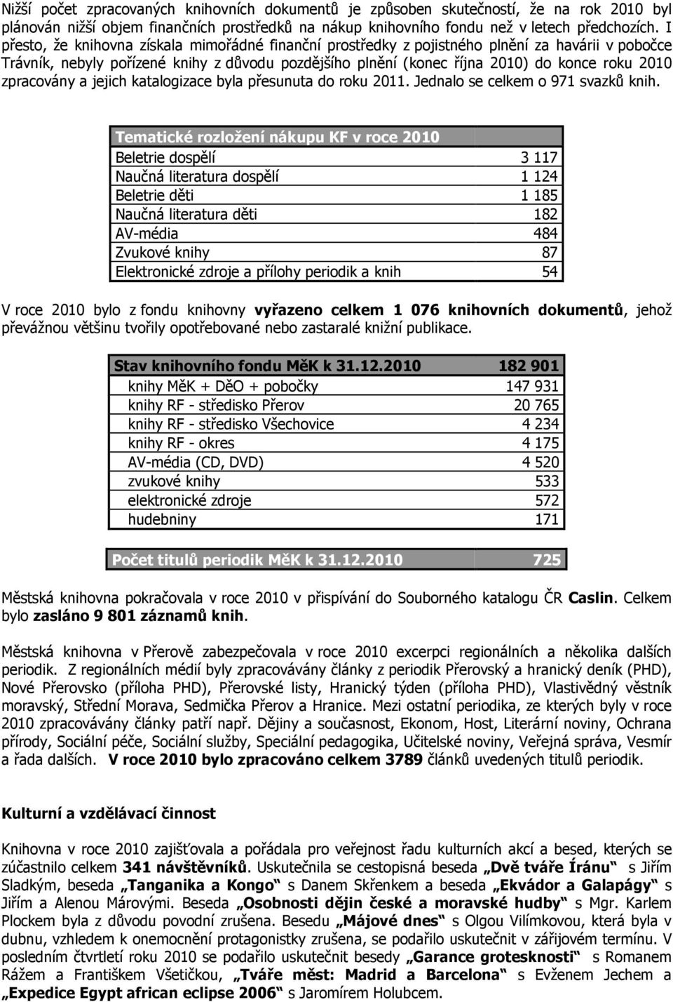 zpracovány a jejich katalogizace byla přesunuta do roku 2011. Jednalo se celkem o 971 svazků knih.