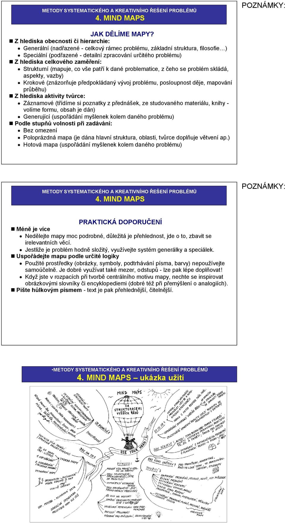 zaměření: Strukturní (mapuje, co vše patří k dané problematice, z čeho se problém skládá, aspekty, vazby) Krokové (znázorňuje předpokládaný vývoj problému, posloupnost děje, mapování průběhu) Z