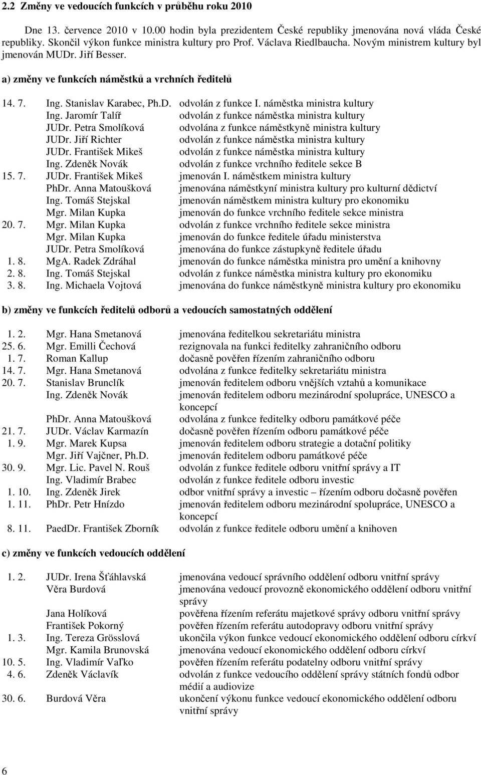 Stanislav Karabec, Ph.D. odvolán z funkce I. náměstka ministra kultury Ing. Jaromír Talíř odvolán z funkce náměstka ministra kultury JUDr.