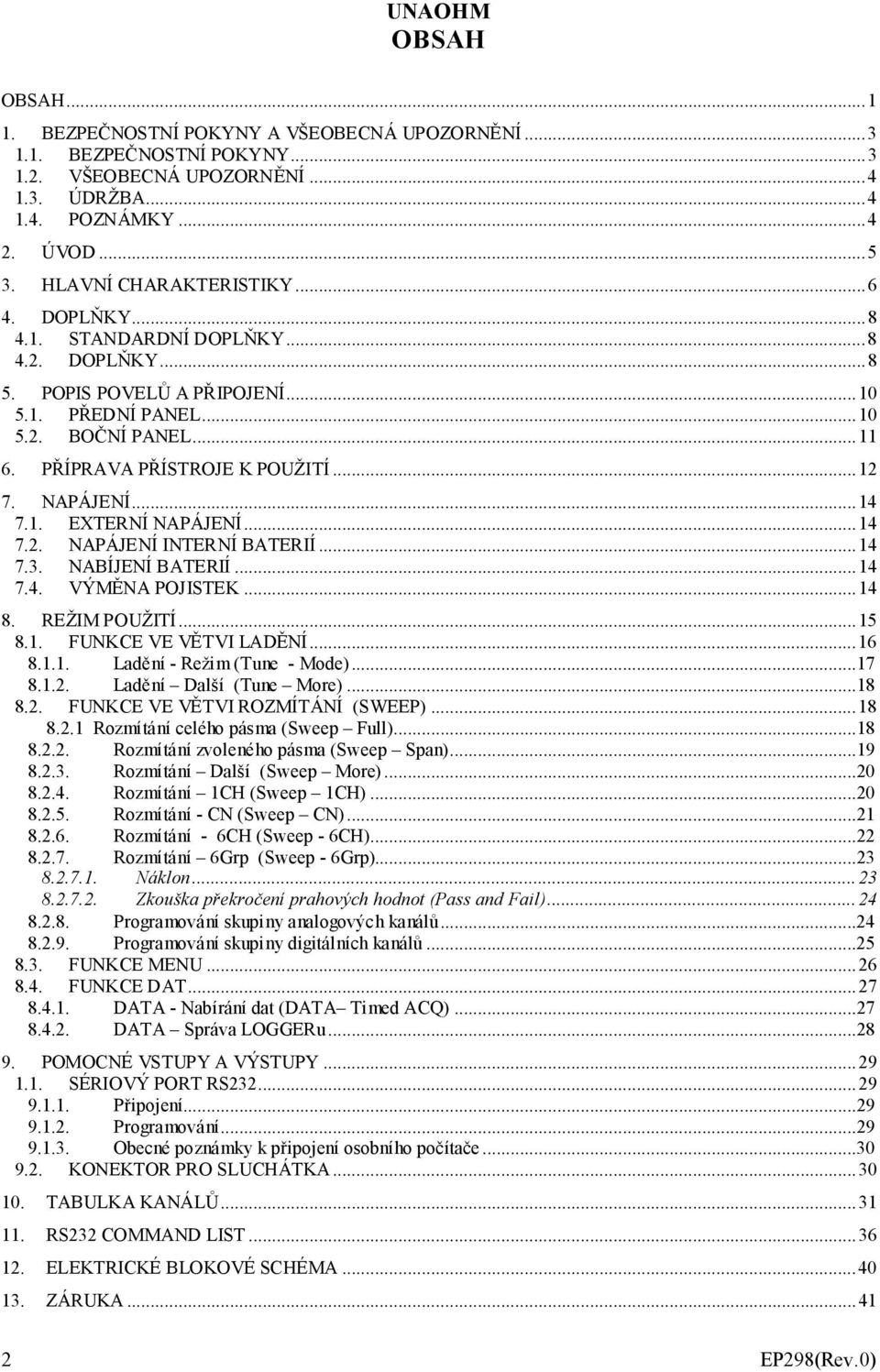 ..14 7.2. NAPÁJENÍ INTERNÍ BATERIÍ...14 7.3. NABÍJENÍ BATERIÍ...14 7.4. VÝMĚNA POJISTEK...14 8. REŽIM POUŽITÍ...15 8.1. FUNKCE VE VĚTVI LADĚNÍ...16 8.1.1. Ladění - Režim (Tune - Mode)...17 8.1.2. Ladění Další (Tune More).