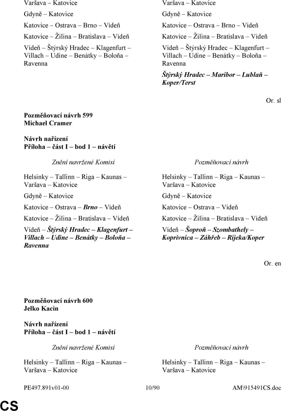 sl Pozměňovací návrh 599 Michael Cramer Příloha část I bod 1 návětí Helsinky Tallinn Riga Kaunas Varšava Katovice Gdyně Katovice Katovice Ostrava Brno Vídeň Katovice Žilina Bratislava Vídeň Vídeň