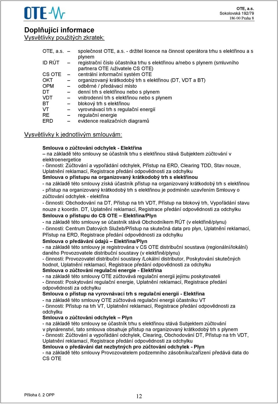 společnost OTE, a.s. - držitel licence na činnost operátora trhu s elektřinou a s plynem ID RÚT registrační číslo účastníka trhu s elektřinou a/nebo s plynem (smluvního partnera OTE /uživatele CS