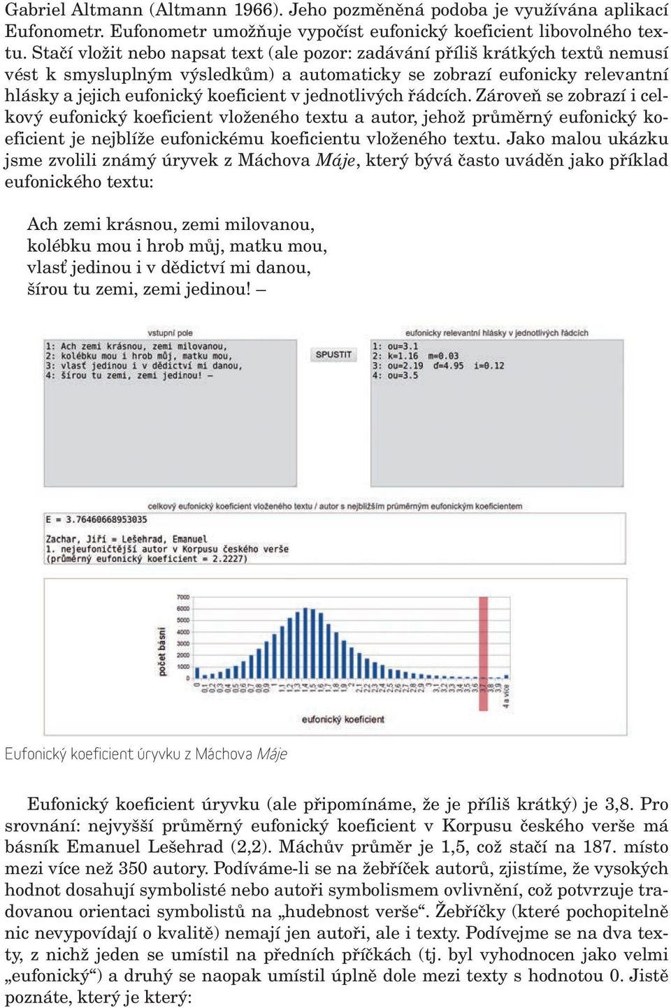 jednotlivých řádcích. Zároveň se zobrazí i celkový eufonický koeficient vloženého textu a autor, jehož průměrný eufonický koeficient je nejblíže eufonickému koeficientu vloženého textu.