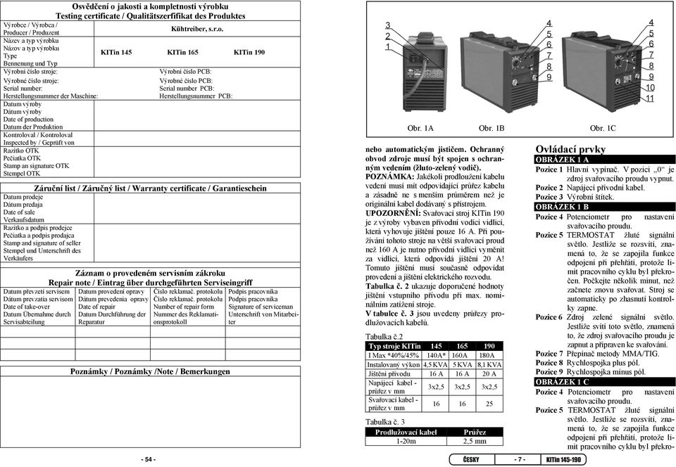 145 KITin 165 KITin 190 Bennenung und Typ Výrobní číslo stroje: Výrobní číslo PCB: Výrobné číslo stroje: Výrobné číslo PCB: Serial number: Serial number PCB: Herstellungsnummer der Maschine: