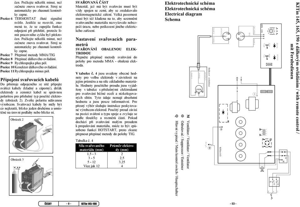 Stroj se automaticky po zhasnutí kontrolky zapne. Pozice 7 Přepínač metody MMA/TIG Pozice 8 Přepínač dálkového ovládání. Pozice 9 Rychlospojka plus pól. Pozice 10 Konektor dálkového ovládání.
