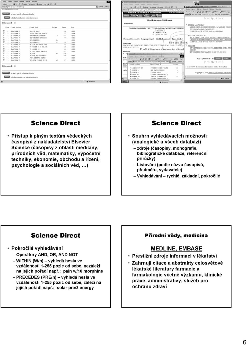 názvu časopisů, předmětu, vydavatele) Vyhledávání rychlé, základní, pokročilé Science Direct Pokročilé vyhledávání Operátory AND, OR, AND NOT WITHIN (W/n) vyhledá hesla ve vzdálenosti 1-255 pozic od