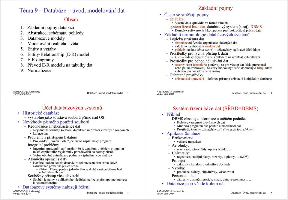 Normalizace Základní pojmy Často se směšujípojmy databáze Vlastní data zpravidla ve formě tabulek systém řízení báze dat, databázový systém (stroj), DBMS Komplex softwarových komponent pro