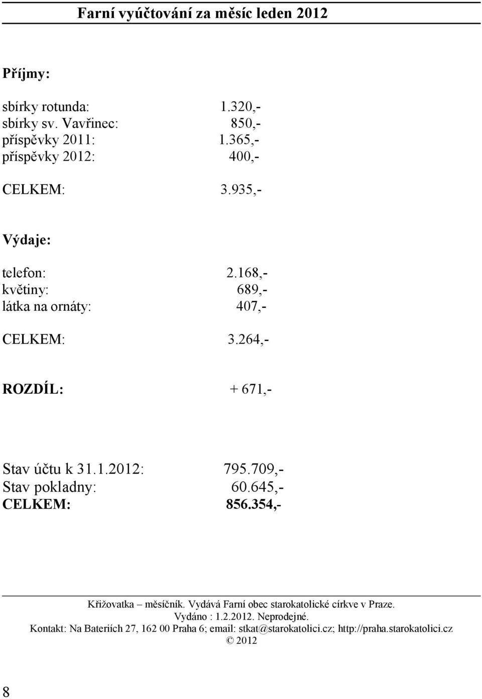 264,- ROZDÍL: + 671,- Stav účtu k 31.1.2012: 795.709,- Stav pokladny: 60.645,- CELKEM: 856.354,- Křižovatka měsíčník.