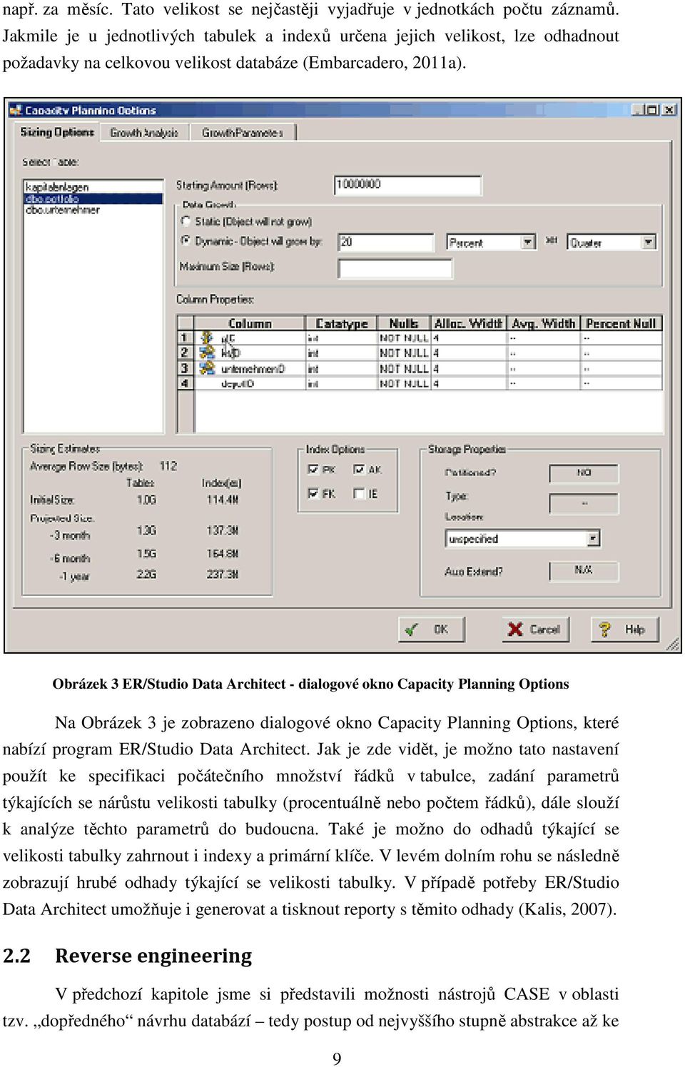 Obrázek 3 ER/Studio Data Architect - dialogové okno Capacity Planning Options Na Obrázek 3 je zobrazeno dialogové okno Capacity Planning Options, které nabízí program ER/Studio Data Architect.