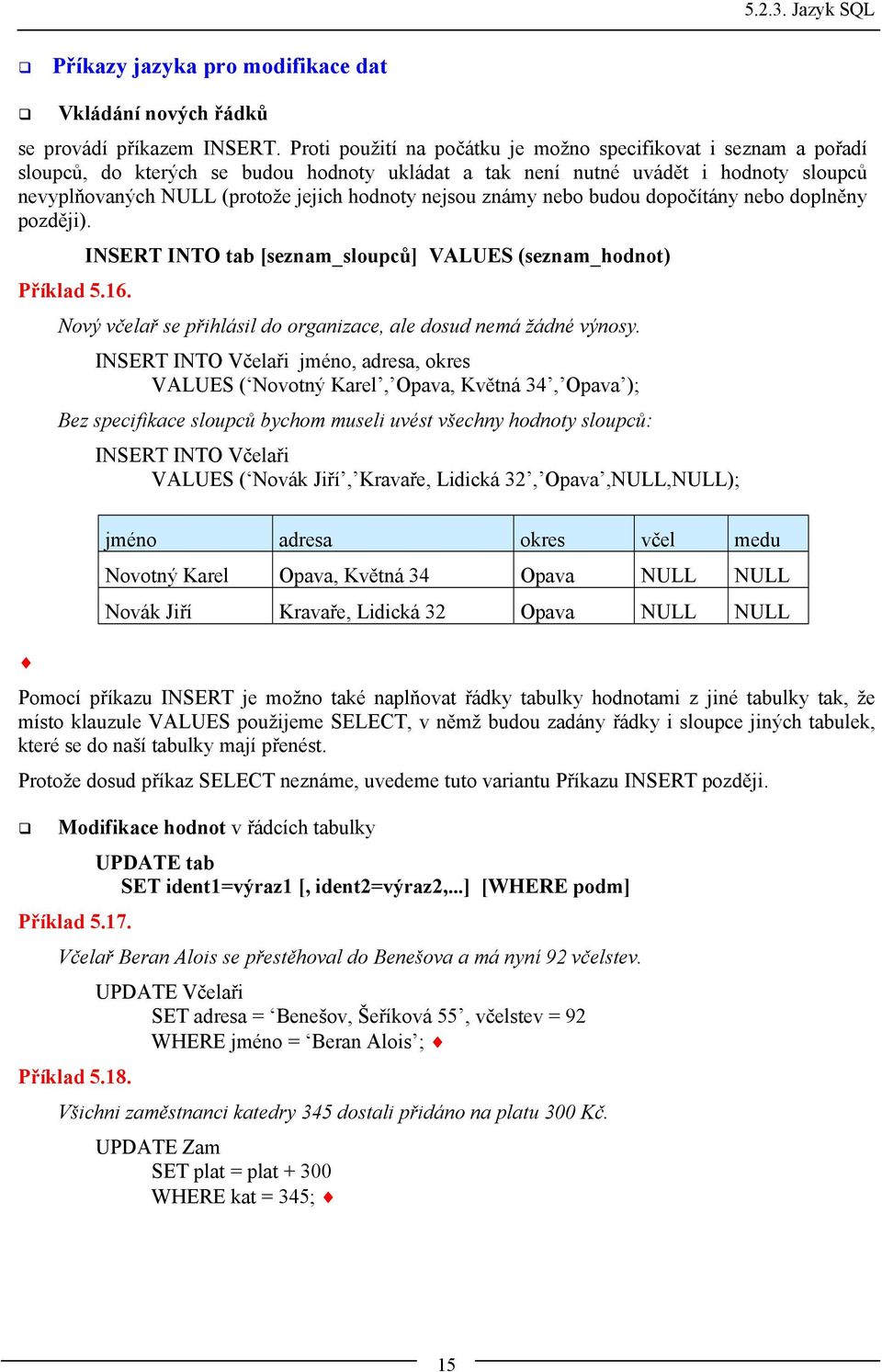 nejsou známy nebo budou dopočítány nebo doplněny později). INSERT INTO tab [seznam_sloupců] VALUES (seznam_hodnot) Příklad 5.16. Nový včelař se přihlásil do organizace, ale dosud nemá žádné výnosy.