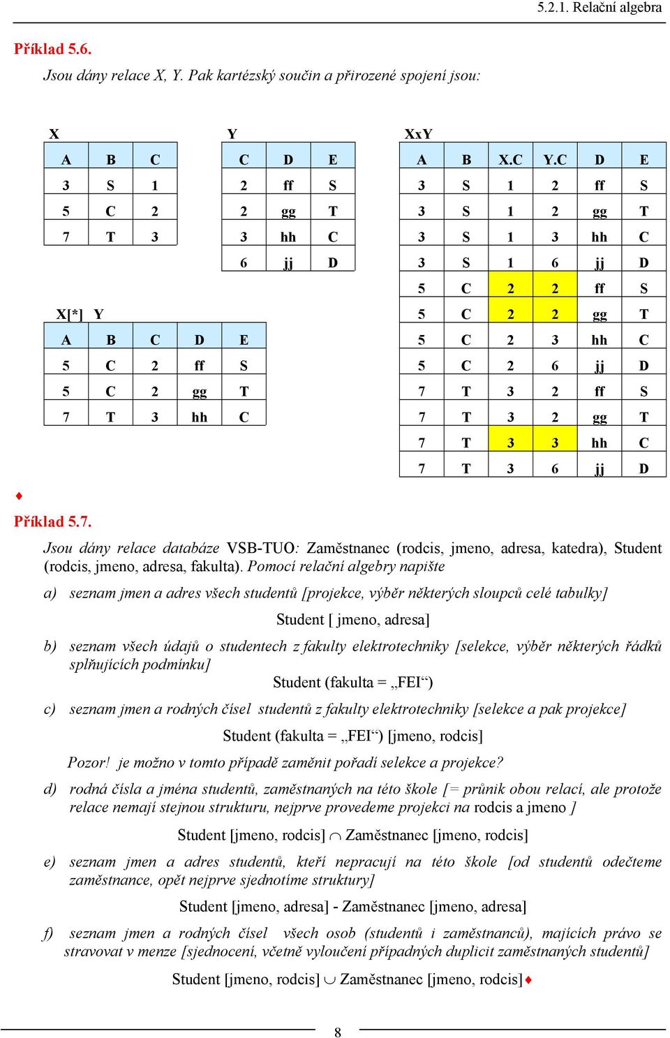 3 2 ff S 7 T 3 hh C 7 T 3 2 gg T 7 T 3 3 hh C 7 T 3 6 jj D Příklad 5.7. Jsou dány relace databáze VSB-TUO: Zaměstnanec (rodcis, jmeno, adresa, katedra), Student (rodcis, jmeno, adresa, fakulta).