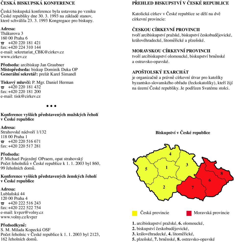 cz www.cirkev.cz Předseda: arcibiskup Jan Graubner Místopředseda: biskup Dominik Duka OP Generální sekretář: prelát Karel Simandl Tiskový mluvčí: P. Mgr.