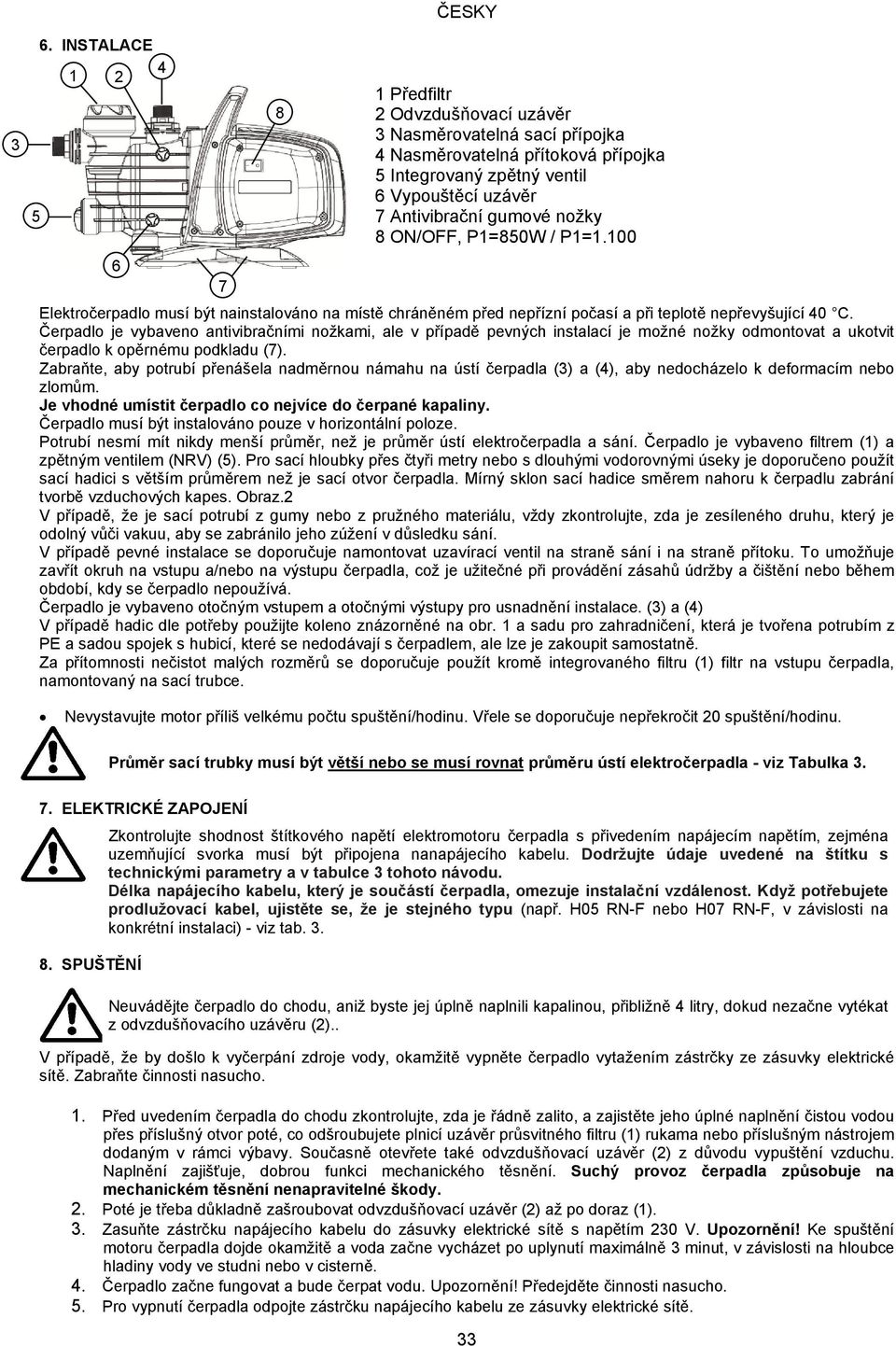 ON/OFF, P1=850W / P1=1.100 6 7 Elektročerpadlo musí být nainstalováno na místě chráněném před nepřízní počasí a při teplotě nepřevyšující 40 C.