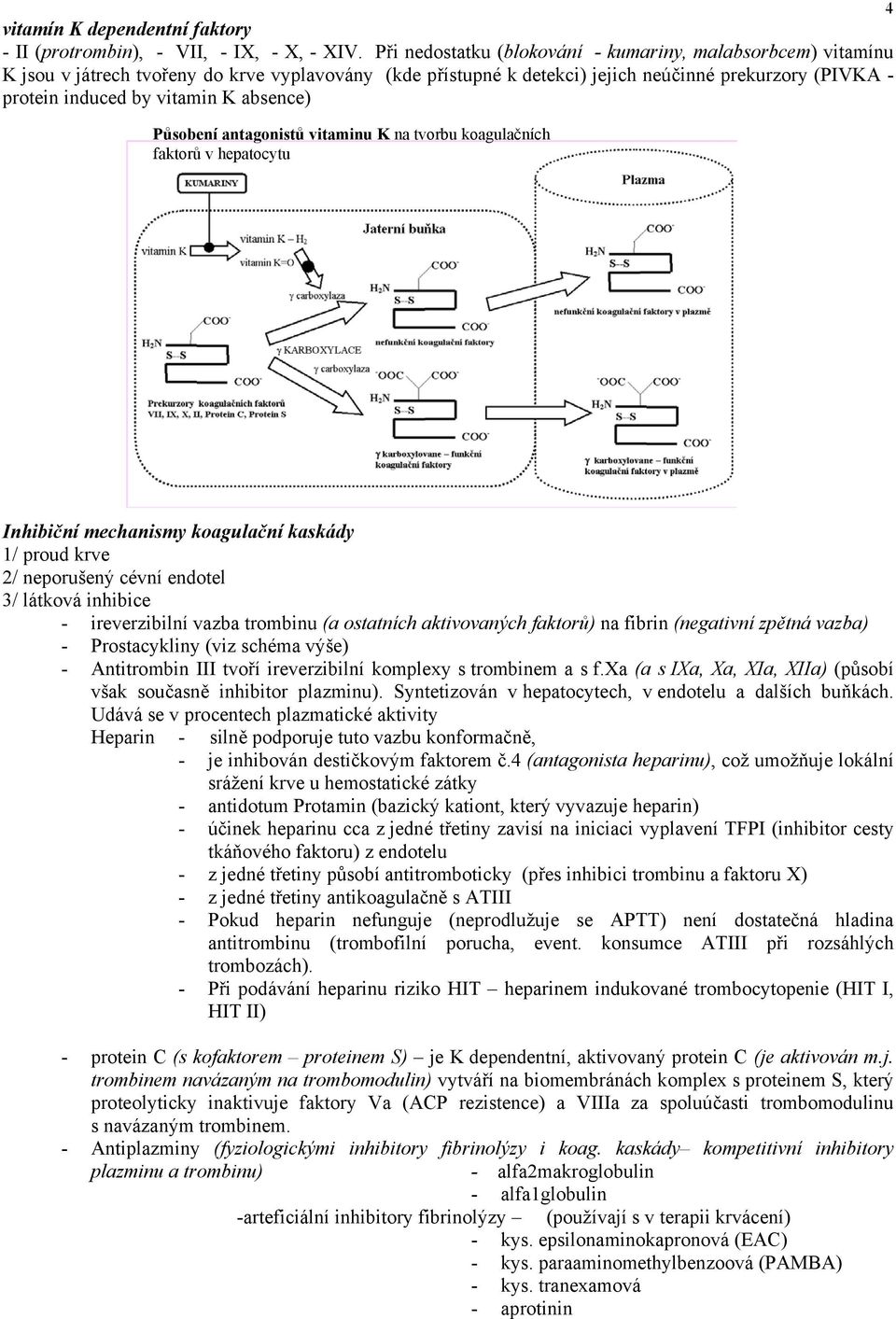 absence) Působení antagonistů vitaminu K na tvorbu koagulačních faktorů v hepatocytu Inhibiční mechanismy koagulační kaskády 1/ proud krve 2/ neporušený cévní endotel 3/ látková inhibice -