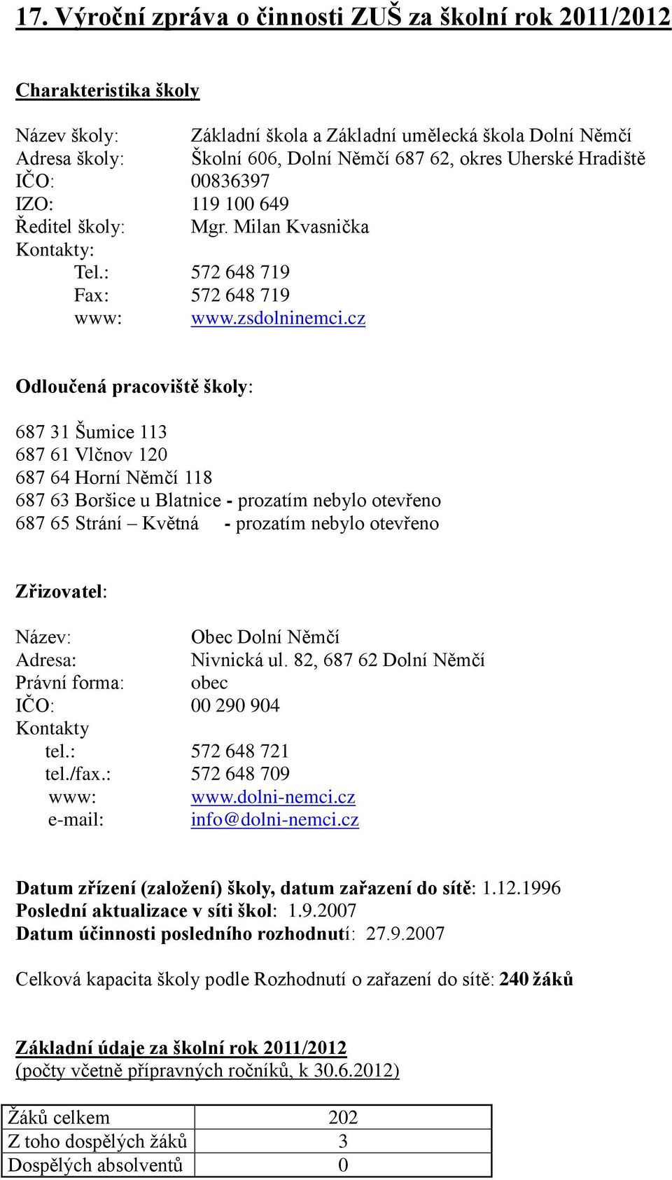 cz Odloučená pracoviště školy: 687 31 Šumice 113 687 61 Vlčnov 120 687 64 Horní Němčí 118 687 63 Boršice u Blatnice - prozatím nebylo otevřeno 687 65 Strání Květná - prozatím nebylo otevřeno