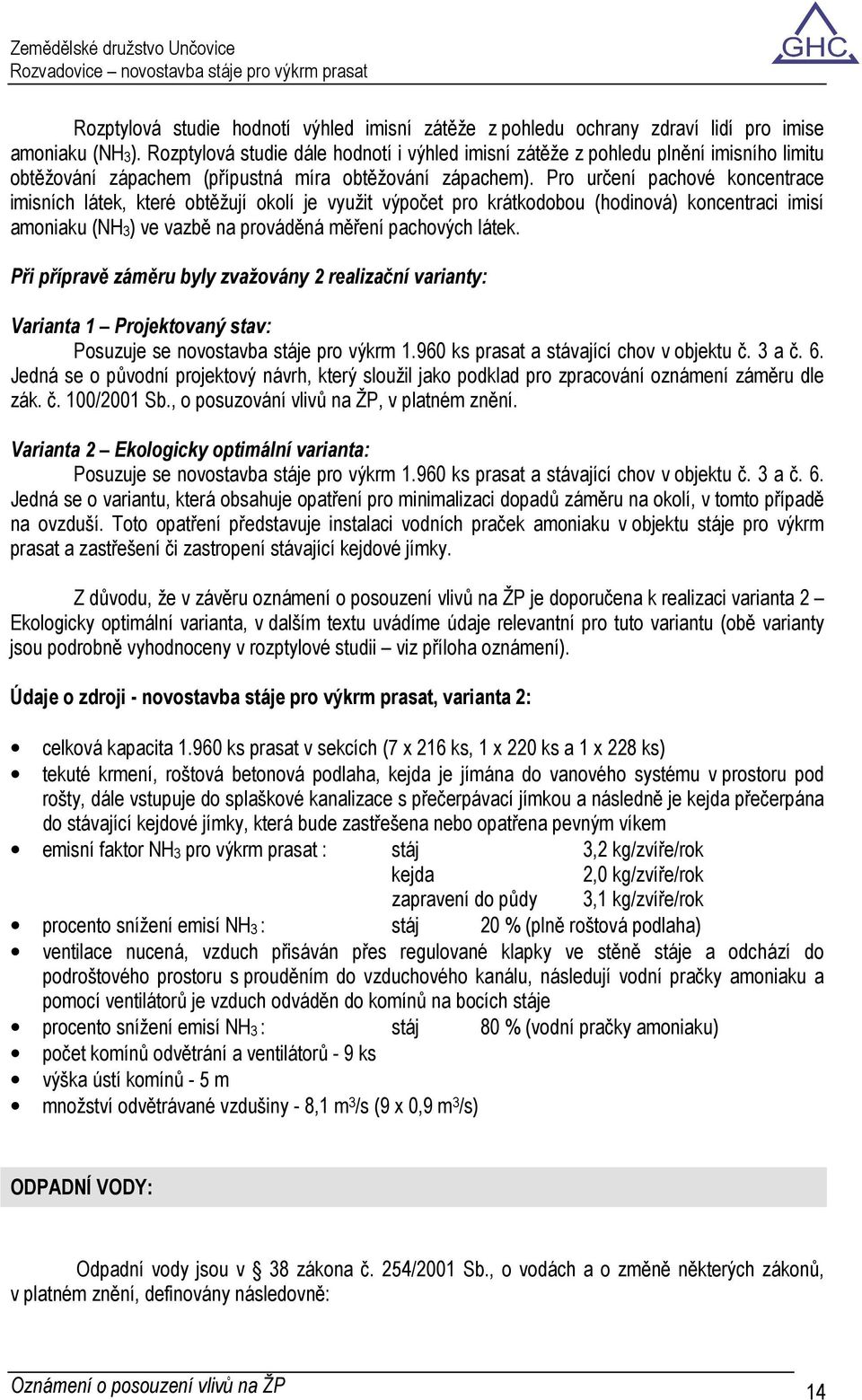 Pro určení pachové koncentrace imisních látek, které obtěžují okolí je využit výpočet pro krátkodobou (hodinová) koncentraci imisí amoniaku (NH3) ve vazbě na prováděná měření pachových látek.