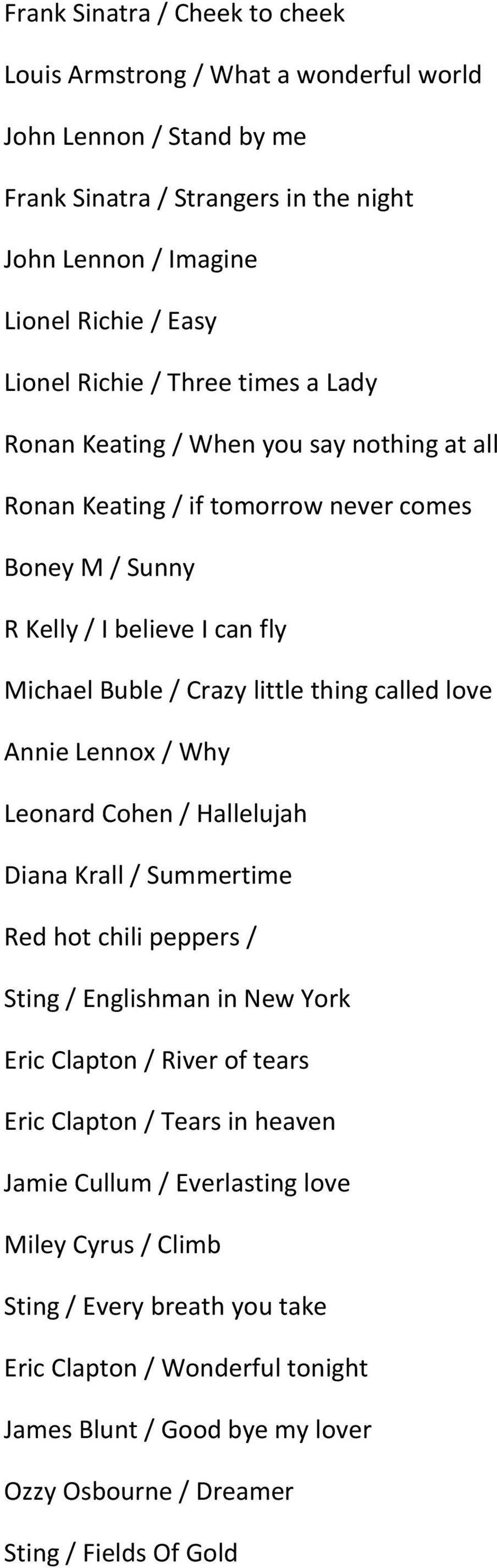 called love Annie Lennox / Why Leonard Cohen / Hallelujah Diana Krall / Summertime Red hot chili peppers / Sting / Englishman in New York Eric Clapton / River of tears Eric Clapton / Tears in