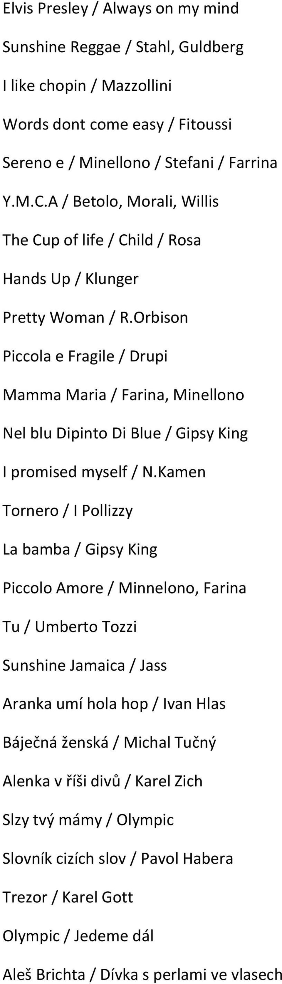 Orbison Piccola e Fragile / Drupi Mamma Maria / Farina, Minellono Nel blu Dipinto Di Blue / Gipsy King I promised myself / N.
