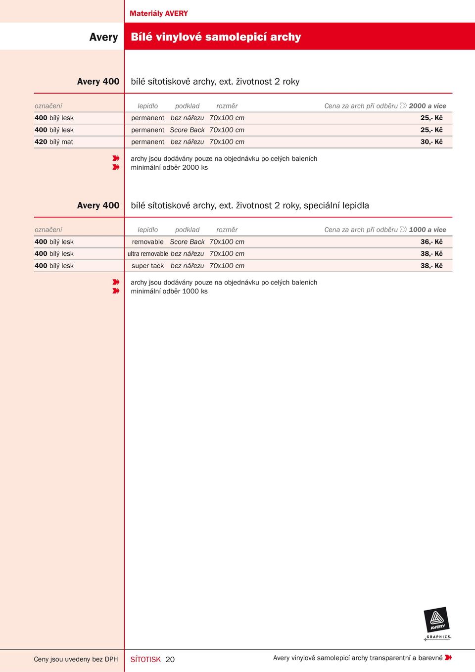 mat permanent bez nářezu 70x100 cm 30,- Kč archy jsou dodávány pouze na objednávku po celých baleních minimální odběr 2000 ks 400 bílé sítotiskové archy, ext.