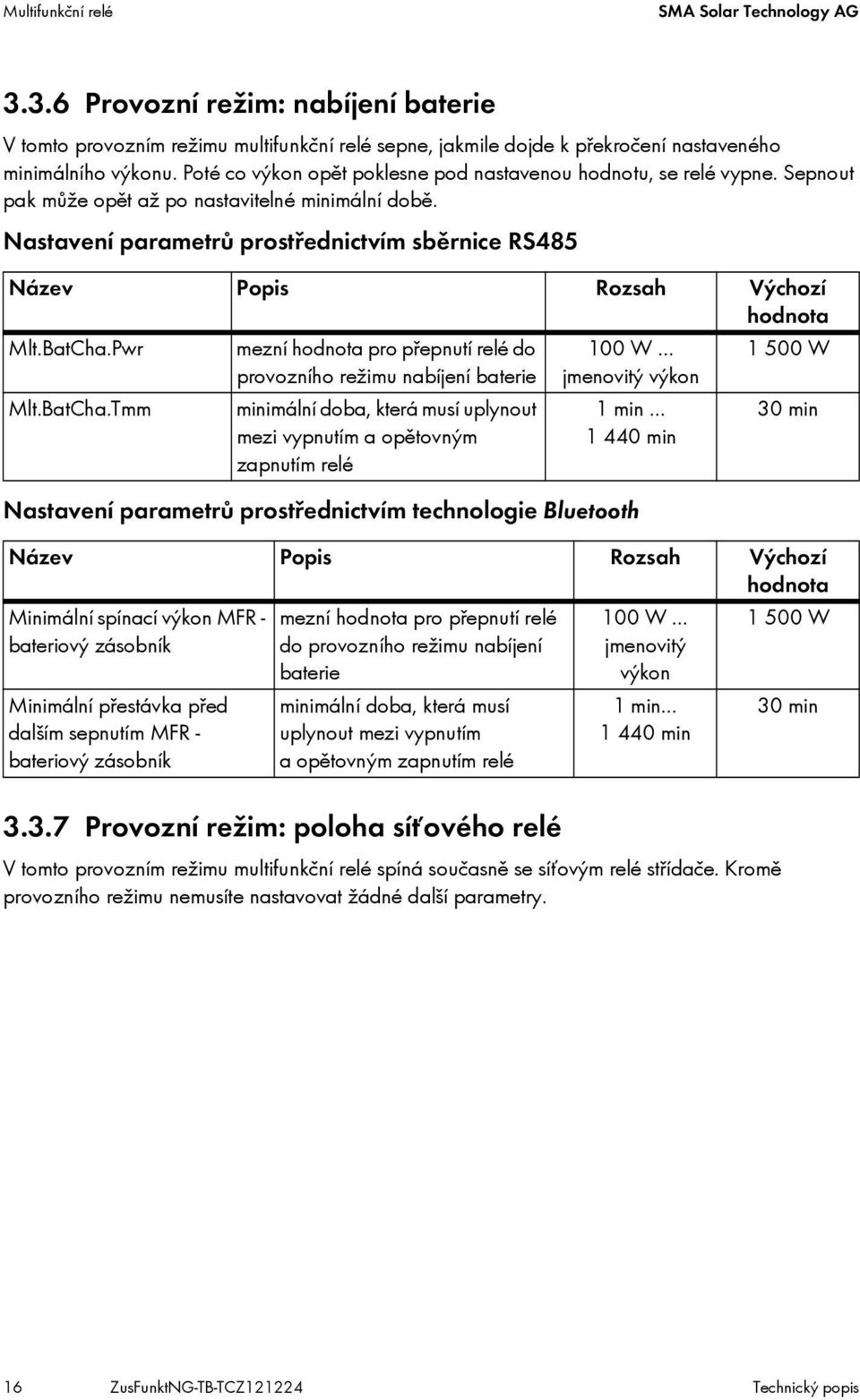 Nastavení parametrů prostřednictvím sběrnice RS485 Název Popis Rozsah Výchozí Mlt.BatCha.