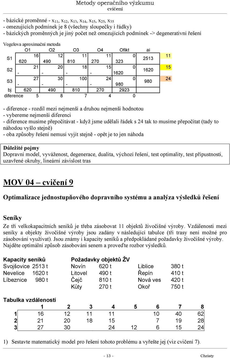 hodnotou - vybereme nejmenší diferenci - diference musíme přepočítávat - když jsme udělali řádek s 4 tak to musíme přepočítat (tady to náhodou vyšlo stejně) - oba způsoby řešení nemusí vyjít stejně -