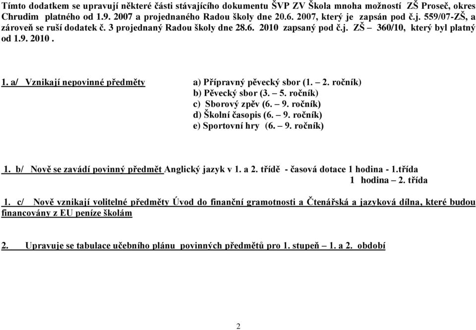 9. 2010. 1. a/ Vznikají nepovinné předměty a) Přípravný pěvecký sbor (1. 2. ročník) b) Pěvecký sbor (3. 5. ročník) c) Sborový zpěv (6. 9. ročník) d) Školní časopis (6. 9. ročník) e) Sportovní hry (6.