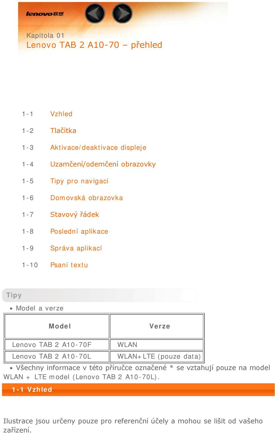 Verze Lenovo TAB 2 A10-70F Lenovo TAB 2 A10-70L WLAN WLAN+LTE (pouze data) Všechny informace v této příručce označené * se vztahují pouze