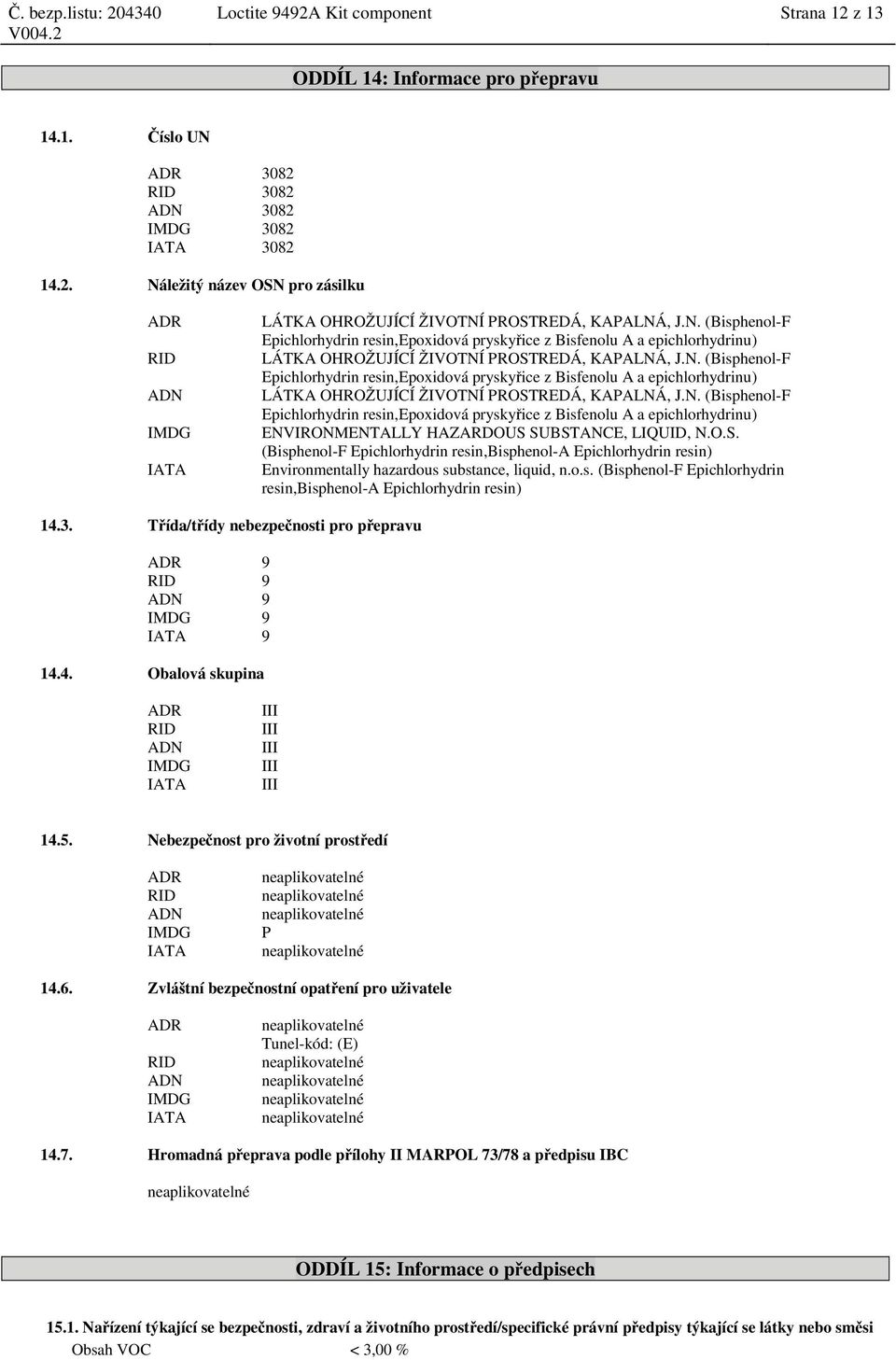 O.S. (Bisphenol-F Epichlorhydrin resin,bisphenol-a Epichlorhydrin resin) Environmentally hazardous substance, liquid, n.o.s. (Bisphenol-F Epichlorhydrin resin,bisphenol-a Epichlorhydrin resin) 14.3.