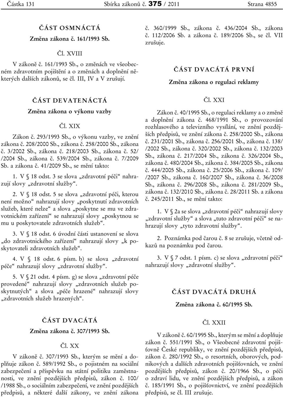 ČÁST DVACÁTÁ PRVNÍ Změna zákona o regulaci reklamy ČÁST DEVATENÁCTÁ Změna zákona o výkonu vazby Čl. XIX Zákon č. 293/1993 Sb., o výkonu vazby, ve znění zákona č. 208/2000 Sb., zákona č. 258/2000 Sb.