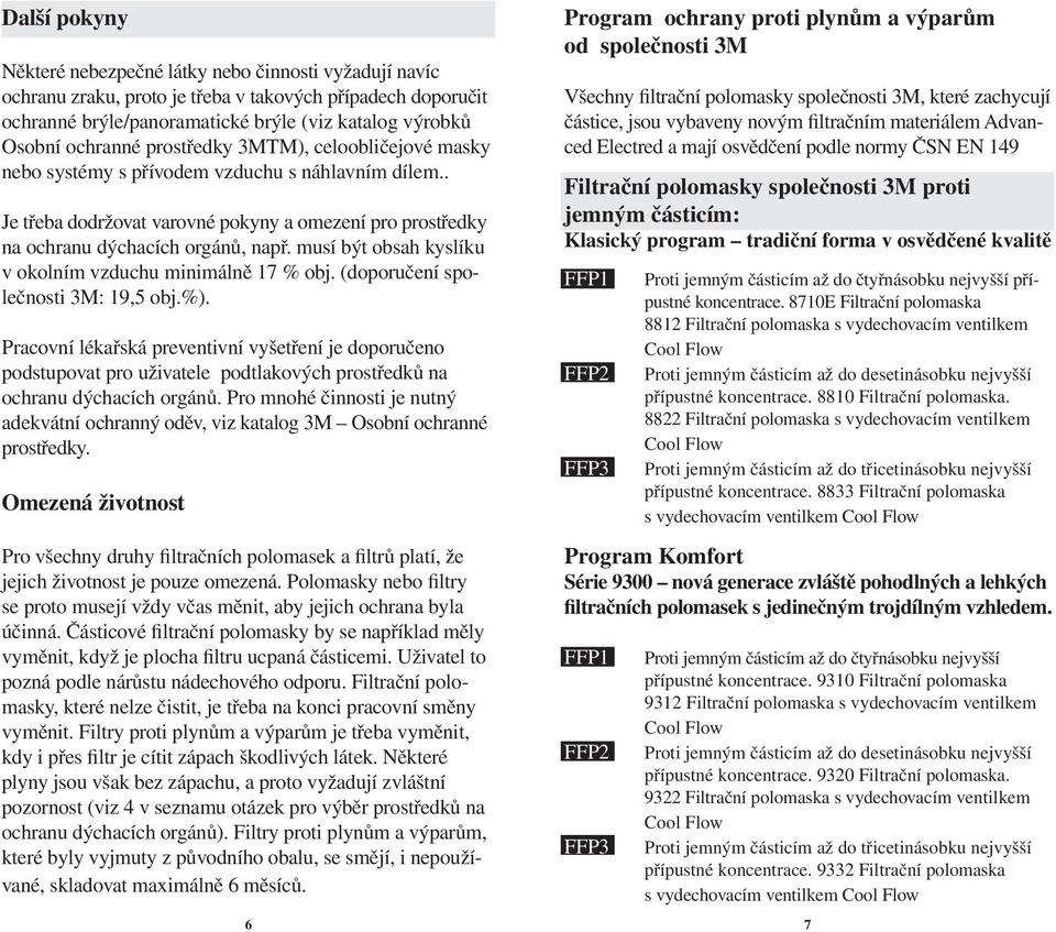 musí být obsah kyslíku v okolním vzduchu minimálně 17 % obj. (doporučení společnosti 3M: 19,5 obj.%).