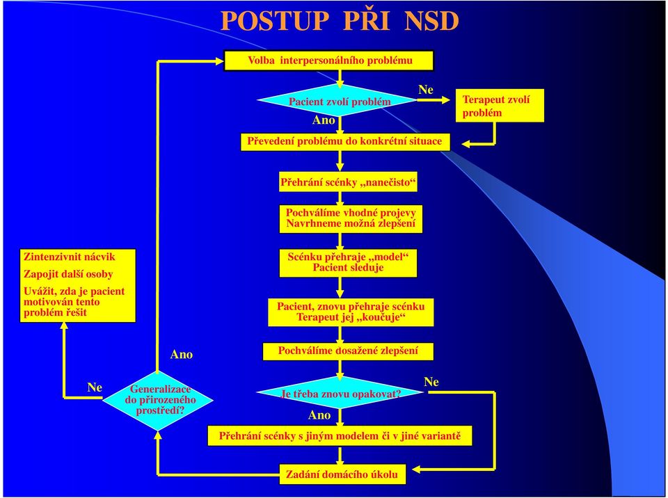 motivován tento problém řešit Scénku přehraje model Pacient sleduje Pacient, znovu přehraje scénku Terapeut jej koučuje Ano Pochválíme dosažené